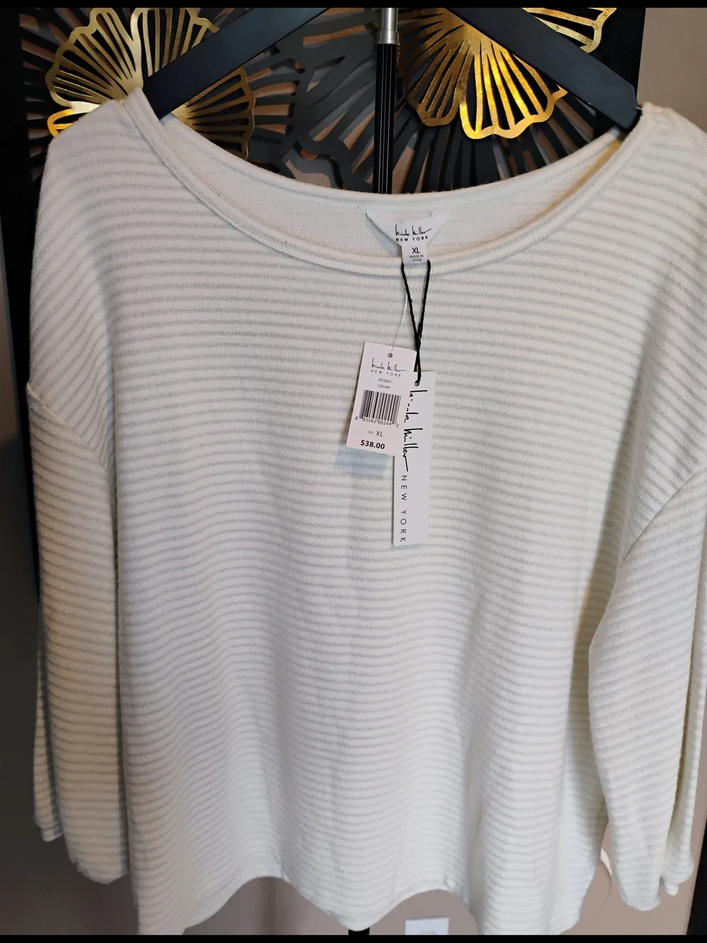 Nicole Miller NY Women's Size XL Cream & Gray Striped 3/4 Sleeve Top NWT